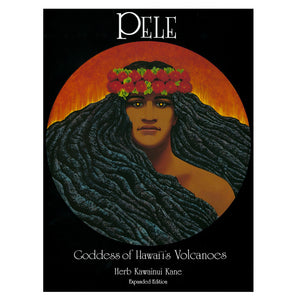 The Hawaiian deity Pele is shown on the cover of this book as both a woman and the volcano, with her long black hair represented as lava, and a head lei of ʻohia lehau blossoms.
