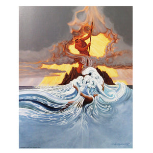 This painting shows the volcano diety Pele standing on land and fighting with her ocean sister goddess, Namaka. The ocean is roiling and steam is rising in the air.