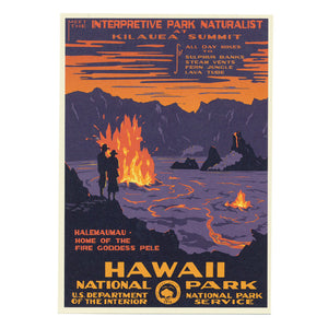 Hawaii Volcanoes National Park vintage art by Ranger Doug. Classic WPA style of a lava lake in Kīlauea Caldera