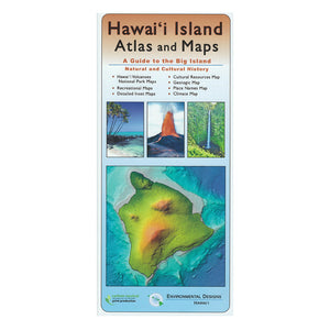 Map cover shows four images: Hawaiʻi Island, a fire fountain erupting from a cinder cone, a waterfall, and coconut palms leaning over a white sand beach.