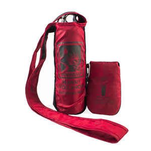 Bottle sling is shown with bottle inserted Hawaiʻi Volcanoes National Park logo on the front of the red bottle sling, in dark grey.