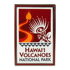 Rectangular red, white and orange Hawaiʻi Volcanoes National Park logo pin is enameled and measures 1.75” by .75” Logo shows an orange and yellow lava river flowing from a cinder cone with a lava fountain, and the ʻohiʻa lehua blossom in the foreground.