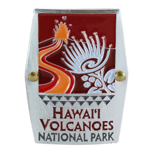 Rectangular red, orange and white hiking medallion shows the erupting cinder cone of Kīlauea volcano and the ʻohiʻa lehua blossoms found at Hawaiʻi Volcanoes National Park on Hawaiʻi Island.