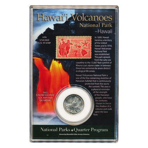 Silver Hawaiʻi Volcanoes National Park coin is shown with interpretive card that also has image of Kīlauea lava flows entering the ocean.