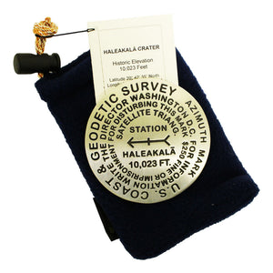 This 3" heavy pewter medallion displays the summit height of Haleakalā Volcano, 10,023 ft. above sea level, and other USGS information.