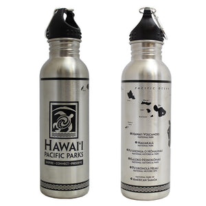 Stainless steel water bottle shows HPPA logo on one side and Hawaiʻi map on the back.