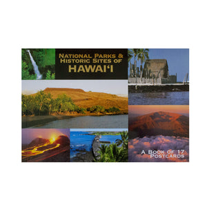Postcard book cover is a collage of images from national parks in Hawaiʻi, and includes temples, lava flows, beaches, waterfalls, clouds, a fishpond wall.