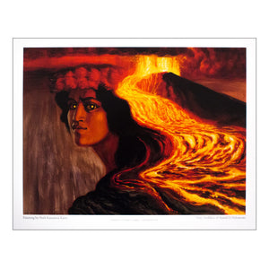 Volcano deity Pele gazes out from the scene in this painting, her hair depicted as both lava rivers and long black hair, and a crown of lehua blossoms on her head. Her eyes glow gold. 