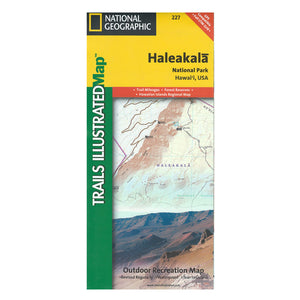 Cover fold of the topographic map for Haleakalā National Park on the island of Maui shows an image of the summit region and a small part of the trails map. Top bar is yellow with park name. 