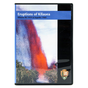 DVD cover shows a tall read and orange lava fountain erupting from the papaya fields of the town of Kapoho, and the video discusses the 1959 and 1960 eruptions of Kīlauea volcano on the island of Hawaiʻi.