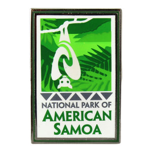 Rectangular green and white pin shows fruit bat/flying fox and rainforest logo of the National Park of American Samoa and park name.