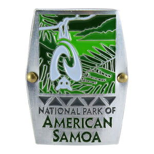 Rectangular green and white hiking medallion shows fruit bat/flying fox and rainforest logo of the National Park of American Samoa and park name in green on a white background.