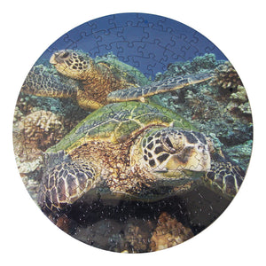 Round puzzle shows photograph of two Hawaiian green sea turtles resting on a coral reef in Hawaiʻi.