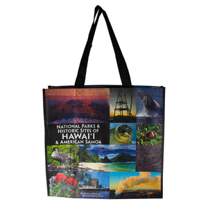 Bag is made of a collage of iconic national park images from six national parks in Hawaiʻi and American Samoa. Monk seals, lehua blossoms, volcanic plumes, and more.