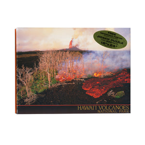 Puzzle box cover shows red and gold lava fountains and flows burning through a forest and over a black lava field.