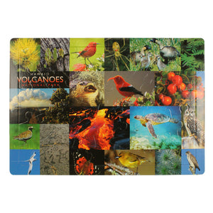 Puzzle is collage of Hawaiian plants and birds, such as ʻapapane, ʻohiʻa lehua blossoms, ʻohelo berries and the Hawaiian hawk.